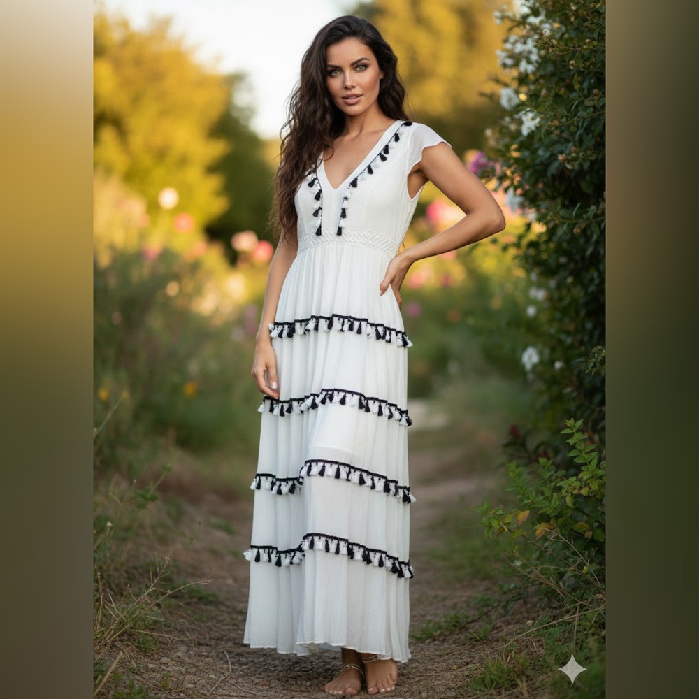 Ina White Maxi Dress with Black Spanish Tassels